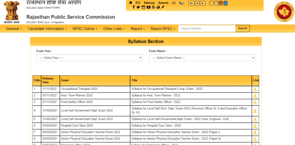 RPSC Syllabus section Download